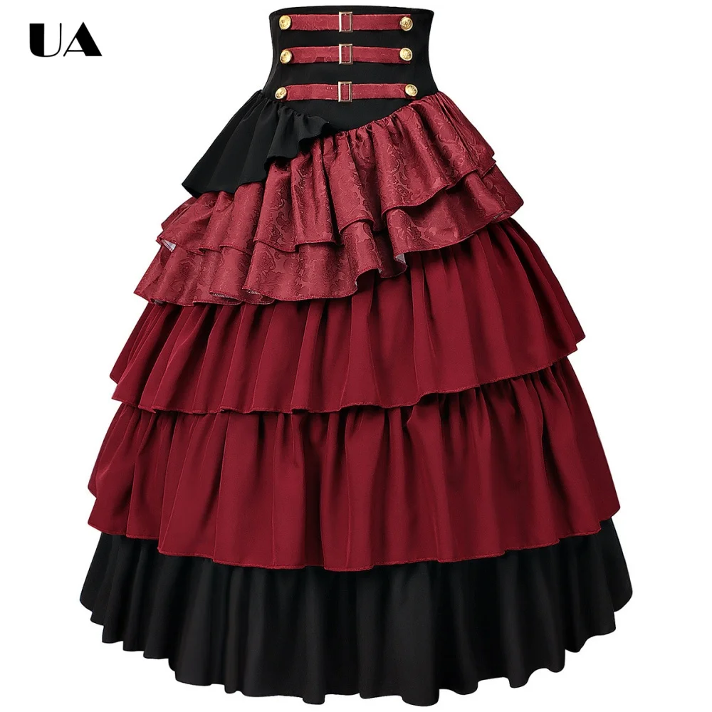Women‘s Vintage Tiered Halloween Party Skirts, Medieval Gothic Pirate Skirts, Empire Ruffled Stage Performance Costume