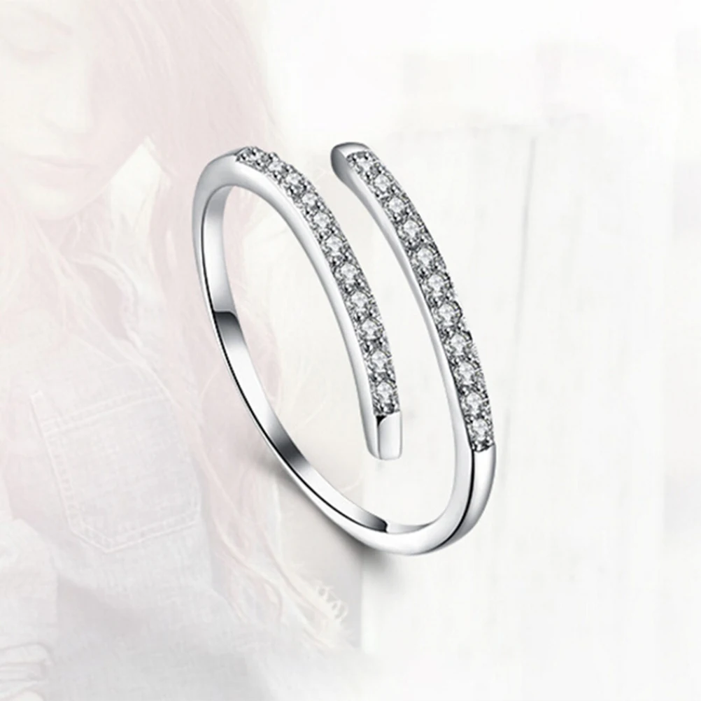 

Elegant Sterling Silver Ring with Tiny Diamonds Open End Adjustable for Women Shiny Waterproof Birthday Party Gifts