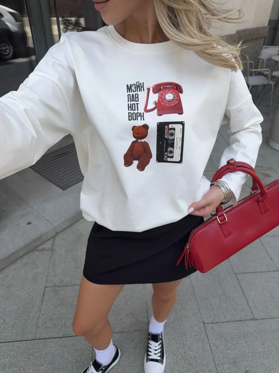 100% Cotton Women's Long Sleeve T‑Shirt Retro Bear Telephone Cassette Print Loose Casual Base Shirt For Spring Autumn Daily Wear