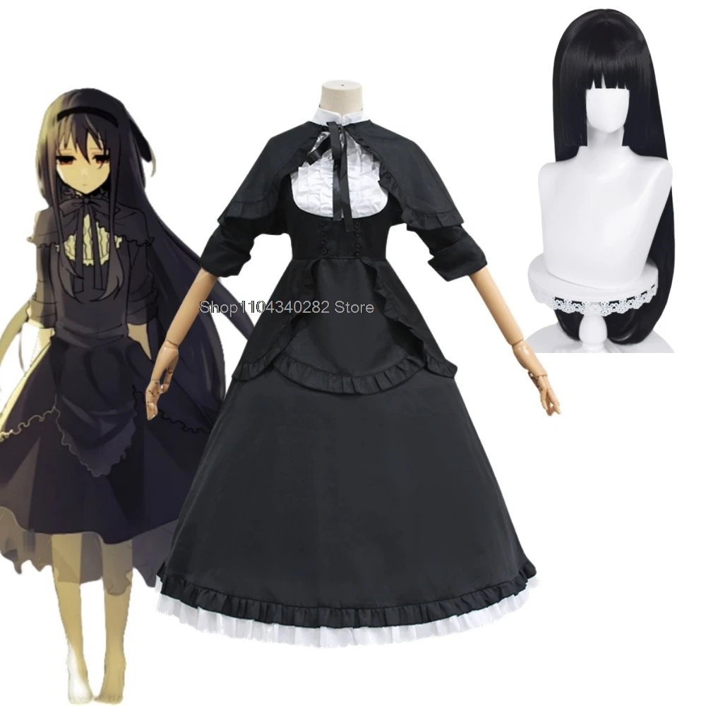 Magical Girl Akemi Homura Black Dress Cosplay Costume Wig Anime Halloween Party Suit