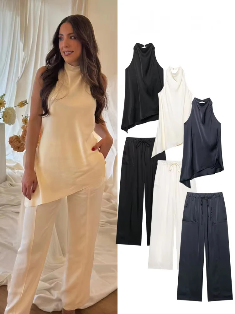 

HH Women Summer New Pant 2-Piece Set Backless Decoration Sleeveless Slim Top+Elegant High Waist Drawstring Casual Long Pant