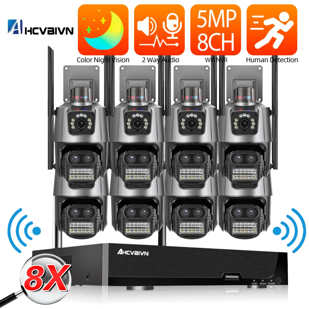 9MP HD Wireless IP Camera Set 8X Zoom Dual Lens Security Proction PTZ WIFI Camera 8CH 5MP NVR Video Surveillance Kit ICSEE 4CH