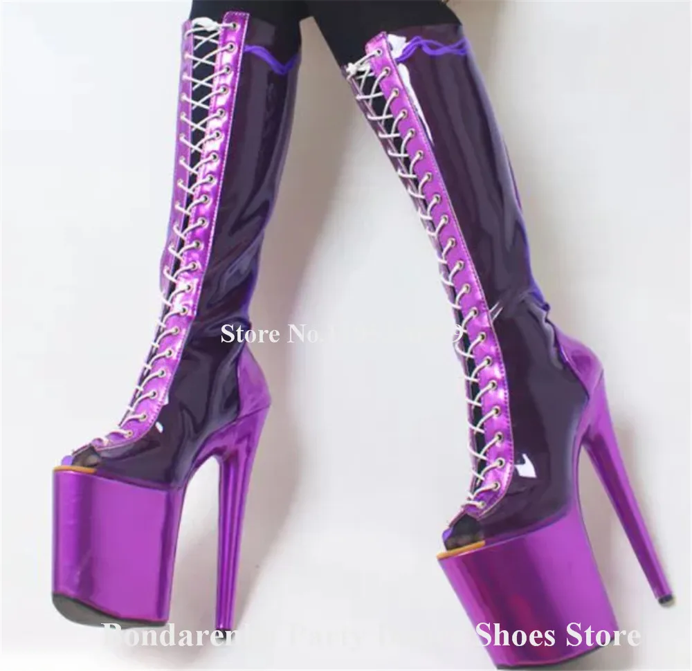 Charming PVC Patchwork Knee High Stiletto Heel Boots Peep Toe Purple Blue Lace-up High Platform 20cm Thin Heel Long Dance Shoes
