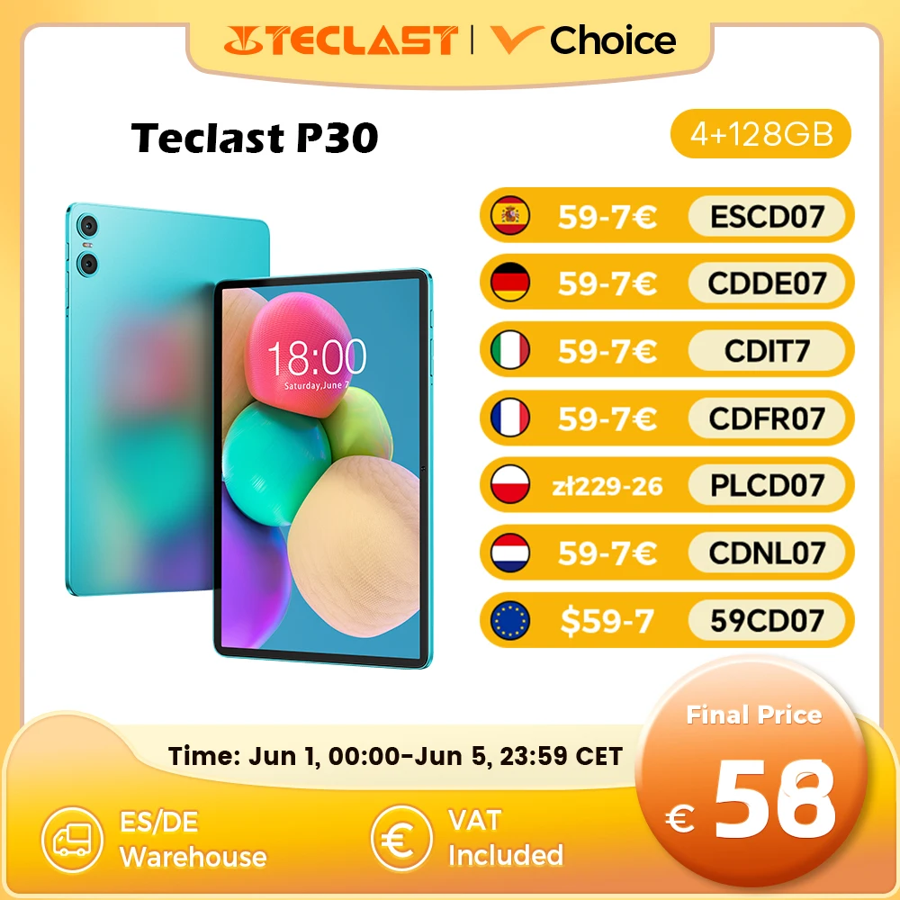 Teclast P30 Android 14 Tablette, 10,1 Zoll, max. 12 GB RAM, 128 GB ROM, 1280 x 800 IPS, UNISOC T606,