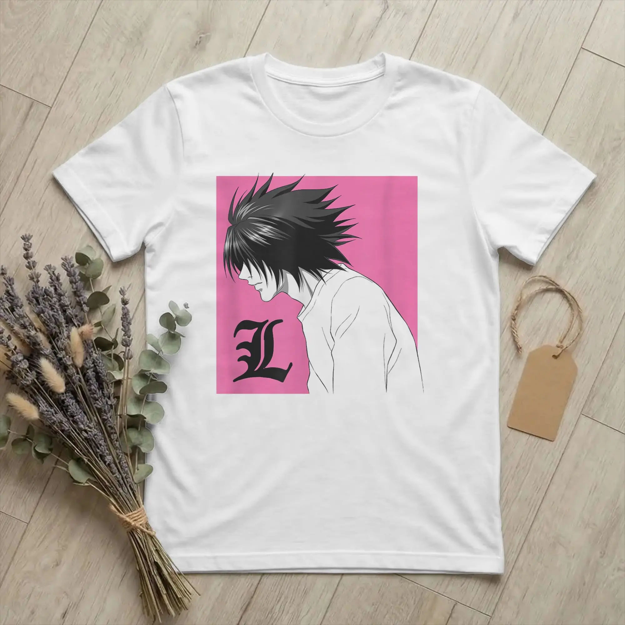 Death Note L Profile in Pink Box Anime Tshirts Men 100%Cotton Tops Print  O-neck Short Sleeve