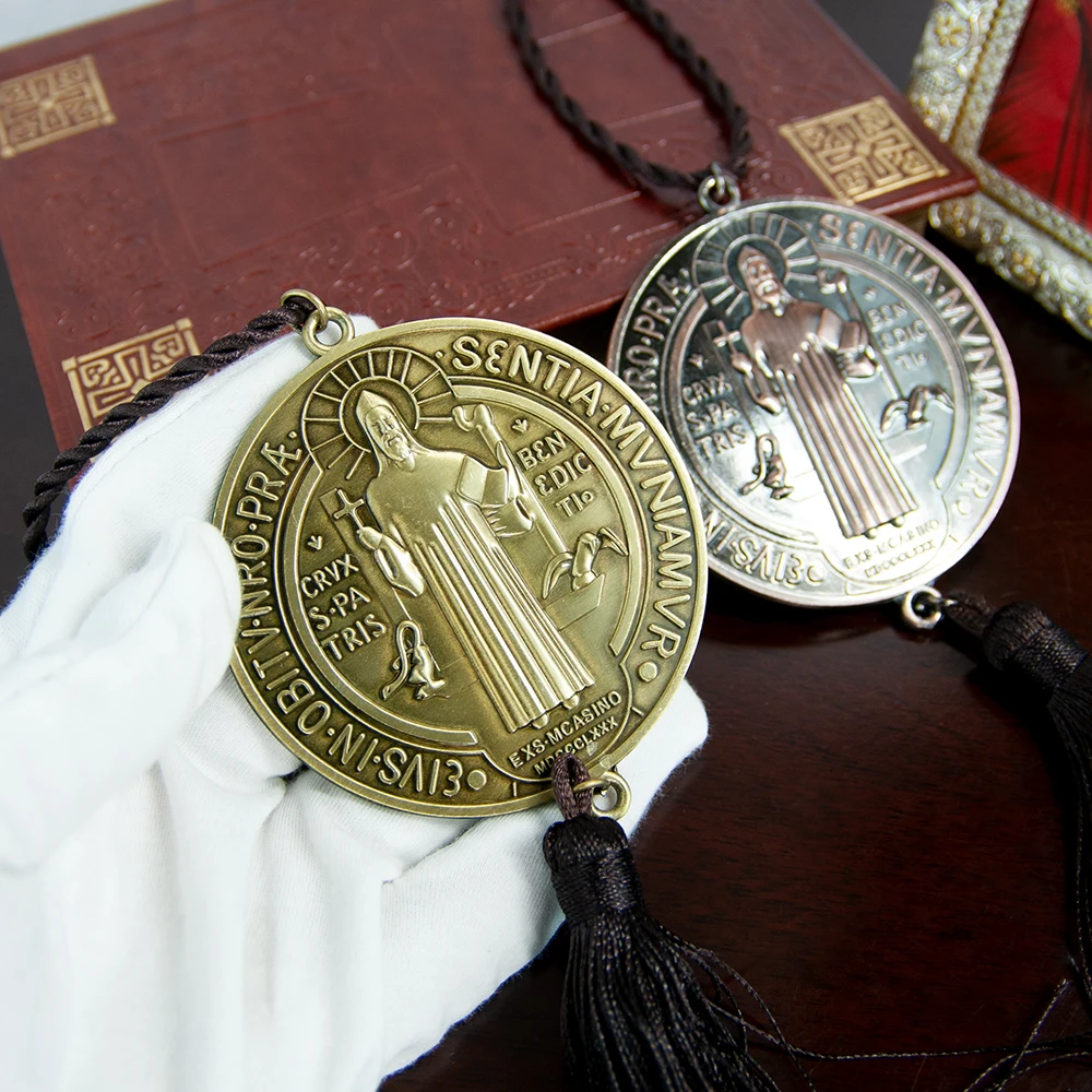 Catholic St. Benedict relief plaque alloy car interior center console pendant with adjustable rope loop size