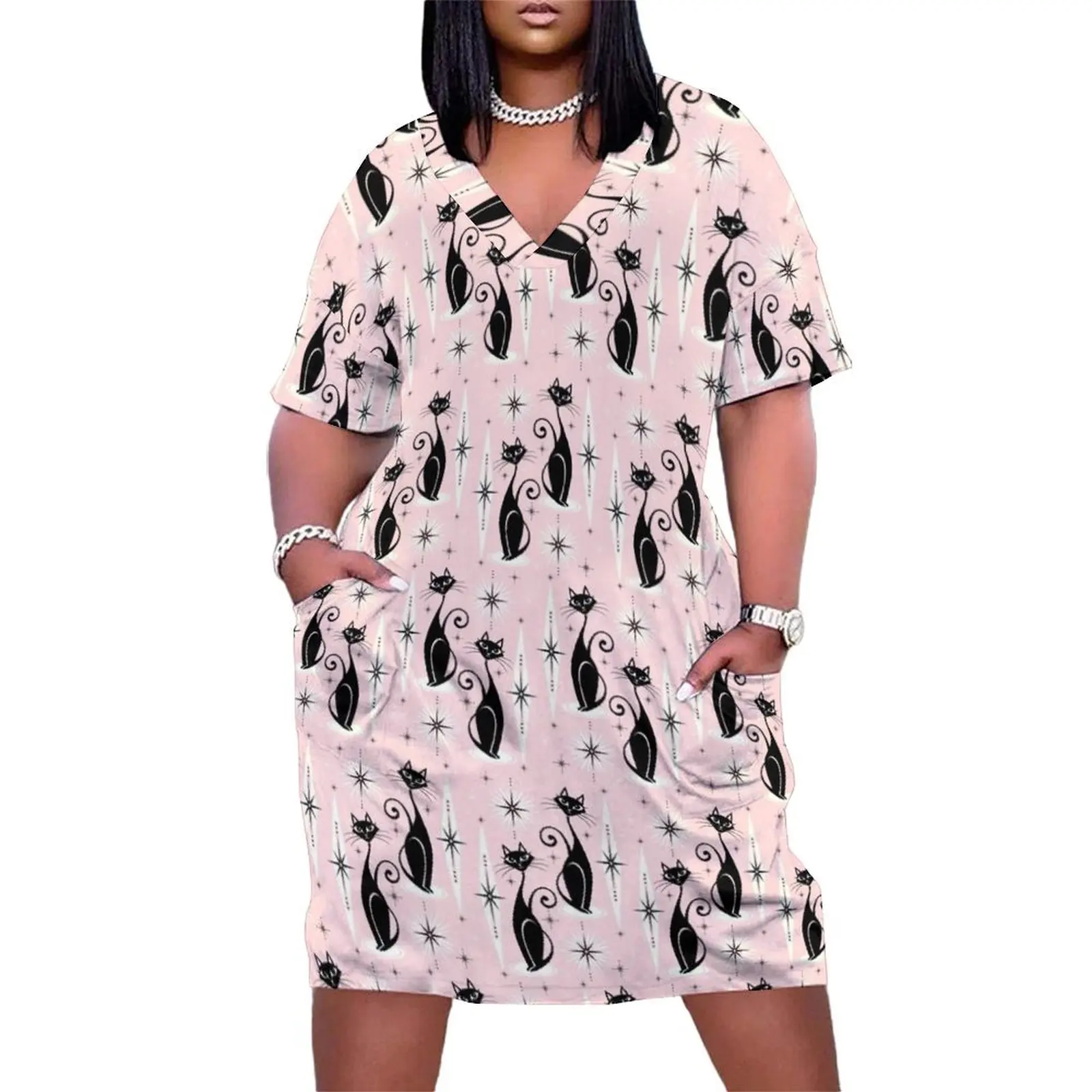 Mid Century Meow Retro Atomic Cats Loose Pocket Dress Female dress birthday dress for women