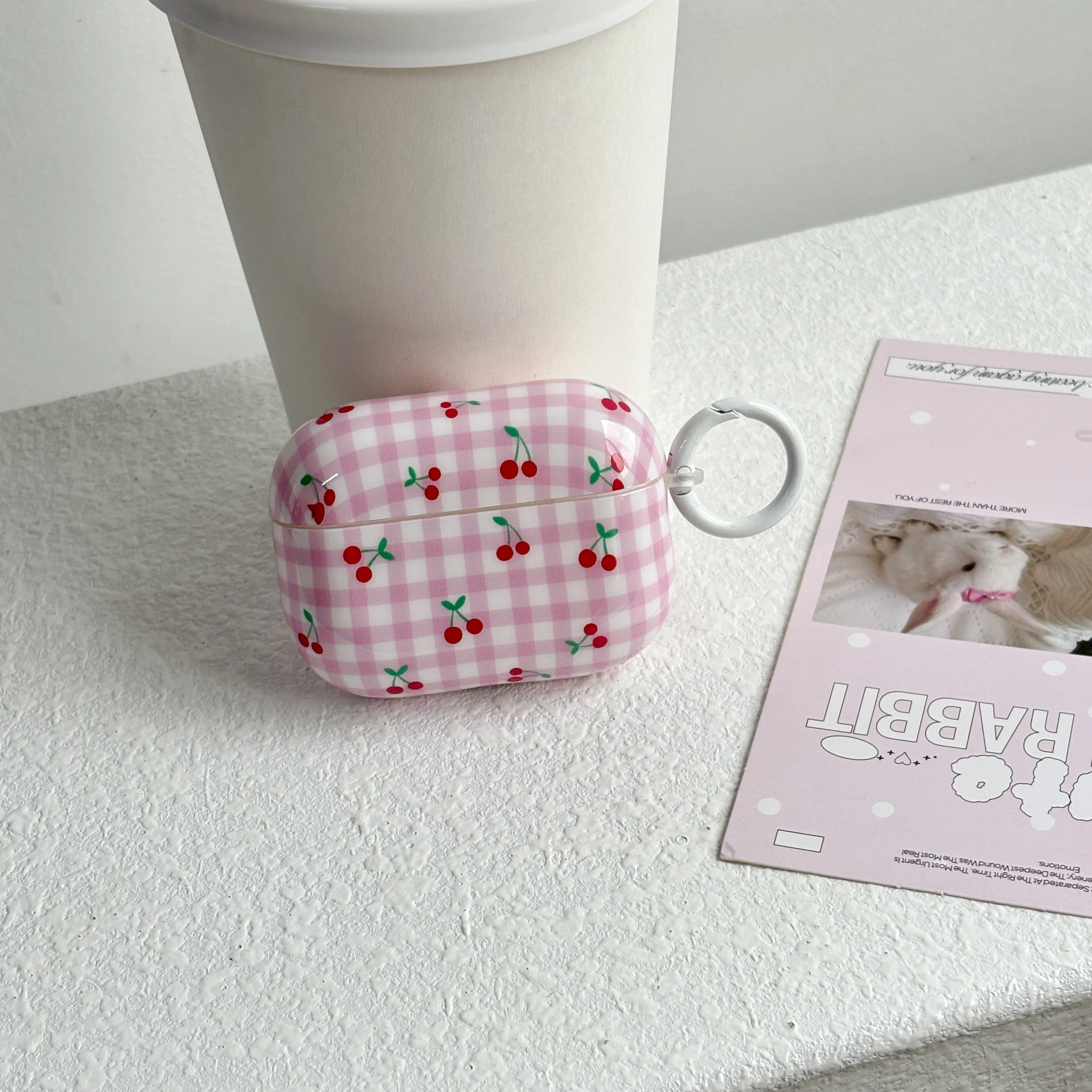 Korean Cute Pink Plaid Cherry Pattern Glossy Protective Earphone Case Cover for AirPods 1 2 3 4 5 Pro 2 Pro 3