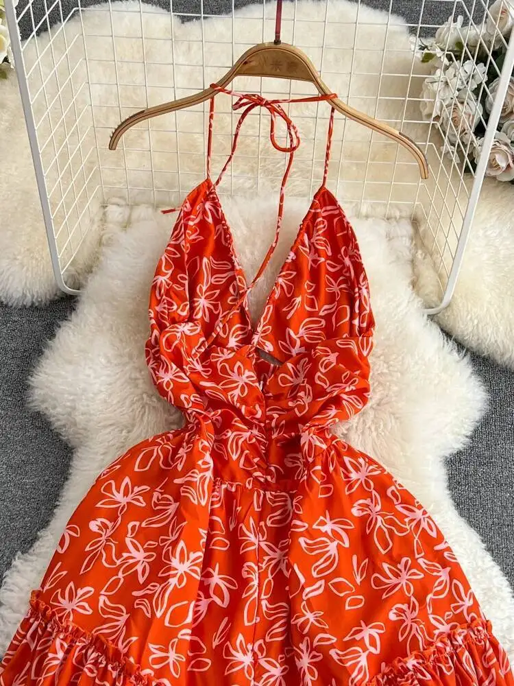 Beach Long Dress Women French Hanging Neck Backless V-neck Sexy Party Dresses Ladies Slim Orange Printed Floral Boho Long Robe