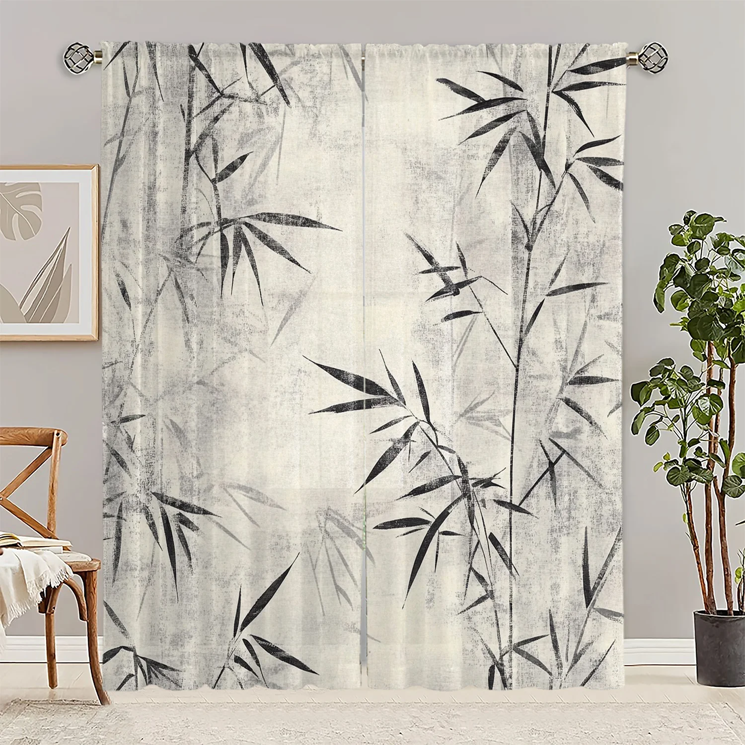 1pc Oriental bamboo black and gray ink painting pattern curtains, polyester fabric, machine washable, suitable for bedroom