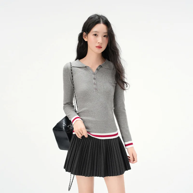 Camisa polo coreana com emenda de cor contrastante, camisa de malha de manga comprida para mulheres na primavera e no outono, top slim fit abotoado