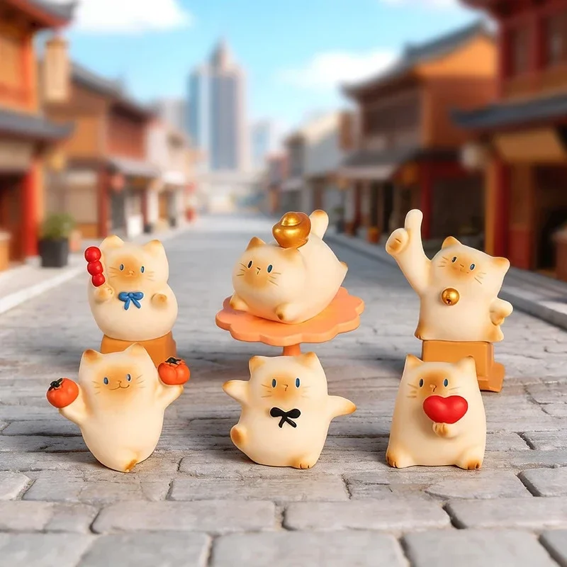 New 6PCS Cute Fortune Cat Resin Figurines, Rotating Lucky Cat Desk and Car Decor, Adorable Holiday Gift for Home Office