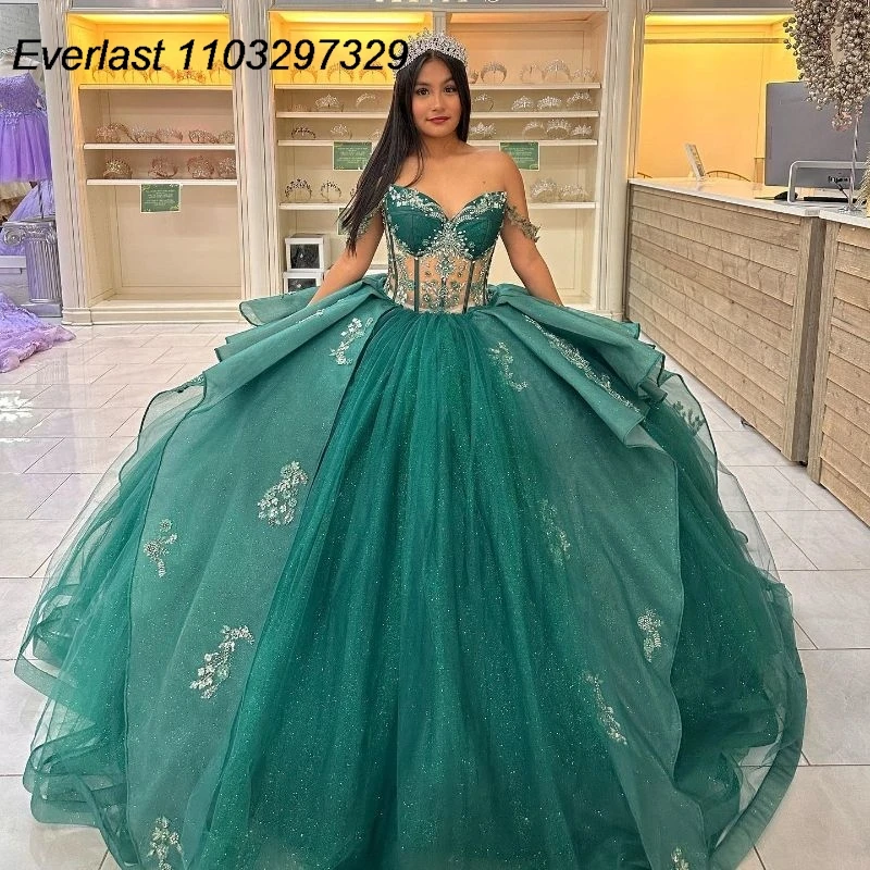 

EVLAST Emerald Green Quinceanera Dress Ball Gown Floral Applique Beading Tiered Corset Sweet 16 Vestidos De XV 15 Anos TQD730