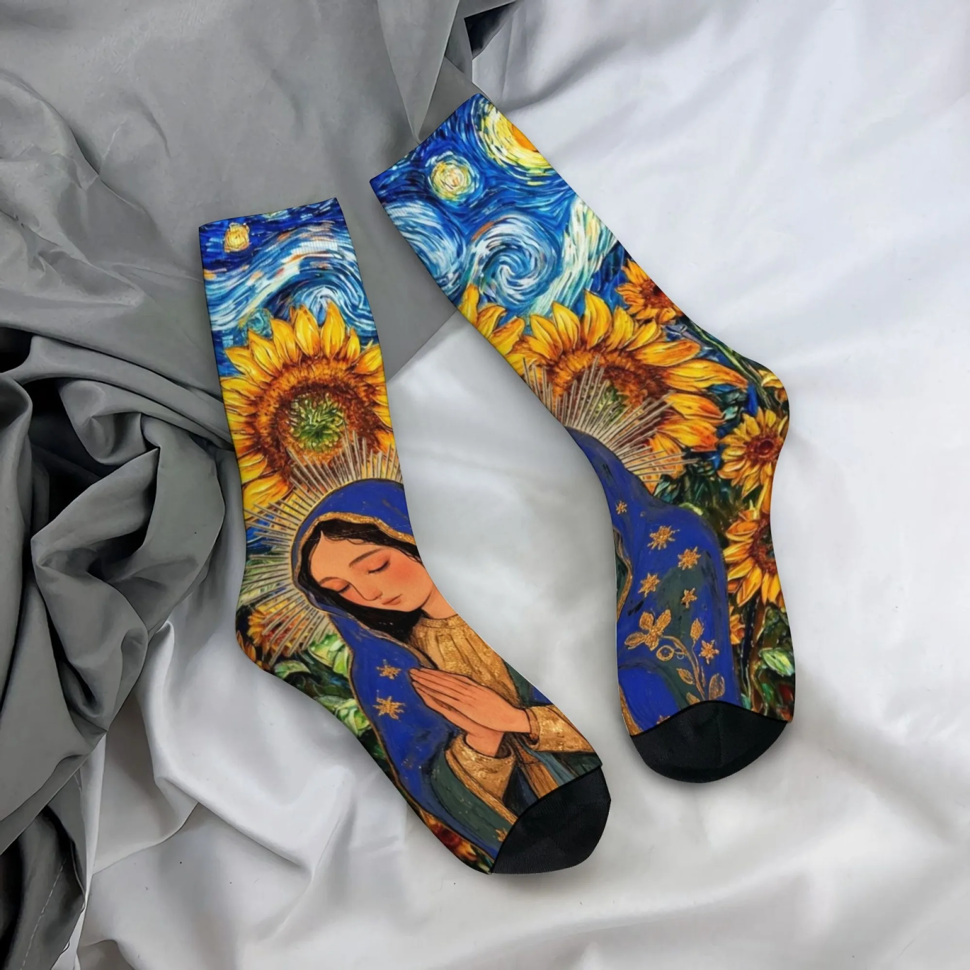 

Artistic Style Men's Mid-calf Trendy Socks Van Gogh Inspire Starry Night Sunflowers and Virgin Mary Prints Creative Art Socks