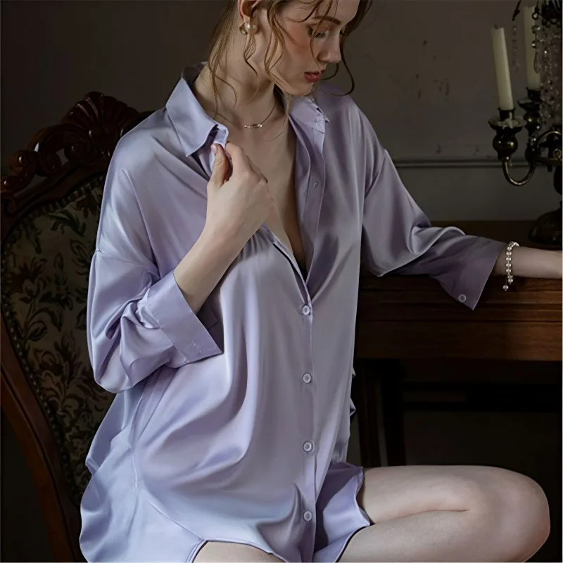 Hot-selling Thin Ice Silk Shirt Pajamas Women's Pure Desire Boyfriend Style Pajamas Solid Color High-end Long-sleeved Loungewear