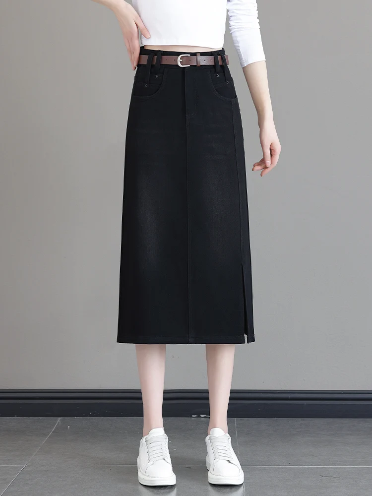 

Женская черная джинсовая юбка с высокой талией, А-силуэт, средней длины, облегающая, для весны и осени, повседневный стиль, из смесового хлопка