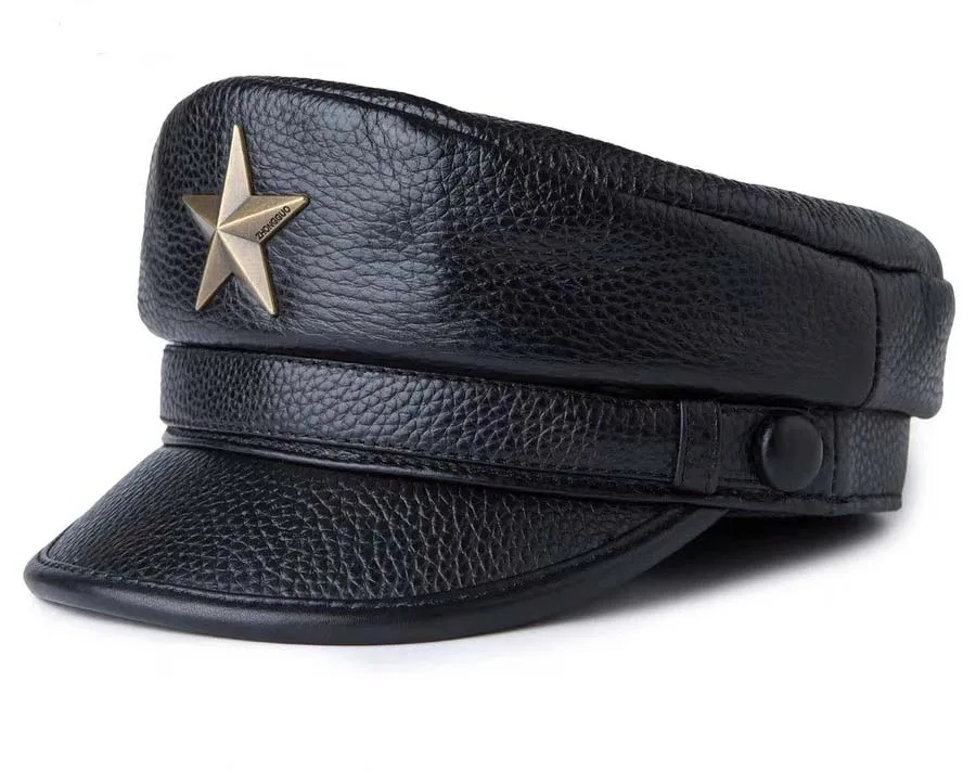 Novel Army Cap For Men Retro Flat Military Caps For Male Genuine Leather Cowskin Black Brown Hats European belt Chapeau