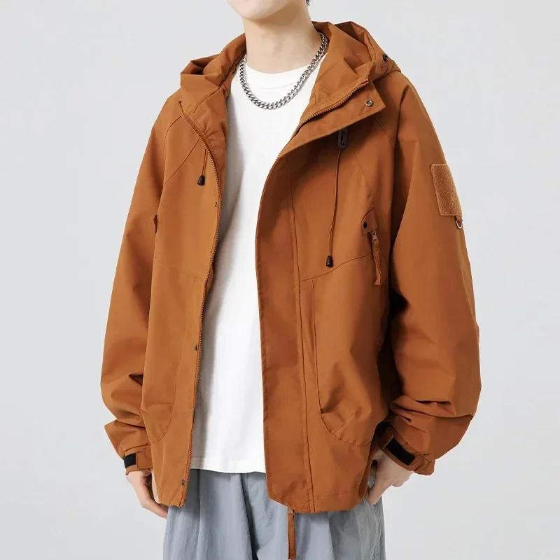 

Men Solid Color Spring Autumn Casual Hooded Jacket Teenage Windproof Waterproof Outerwear Skin-friendly Fabric Streetwear Style