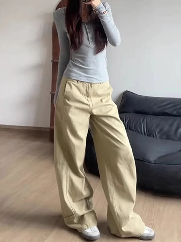 American Style Khaki Wide Leg Denim Jeans Women's Spring Large Size Fat MM Short Straight Floor-Length Pants