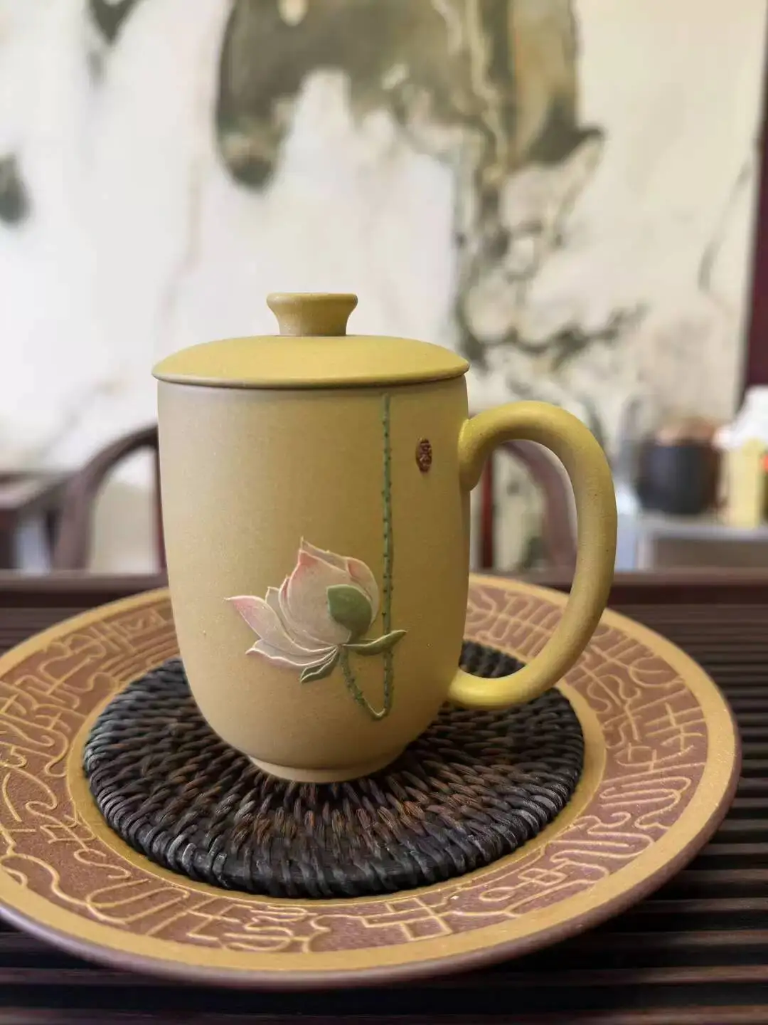 Yixing Lidded Cup With Lotus As The Centerpiece Pure Handmade From Local Green Clay Cc High End Premium Purple Clay Tea