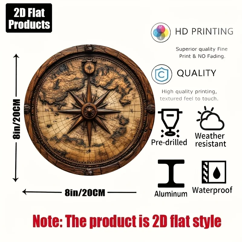 2D Flat, 2D Flat - Vintage Nautical Compass Rose Aluminum Wall Art - 20.32x20.32 cm Round Decorative Plaque with Intricate Desig