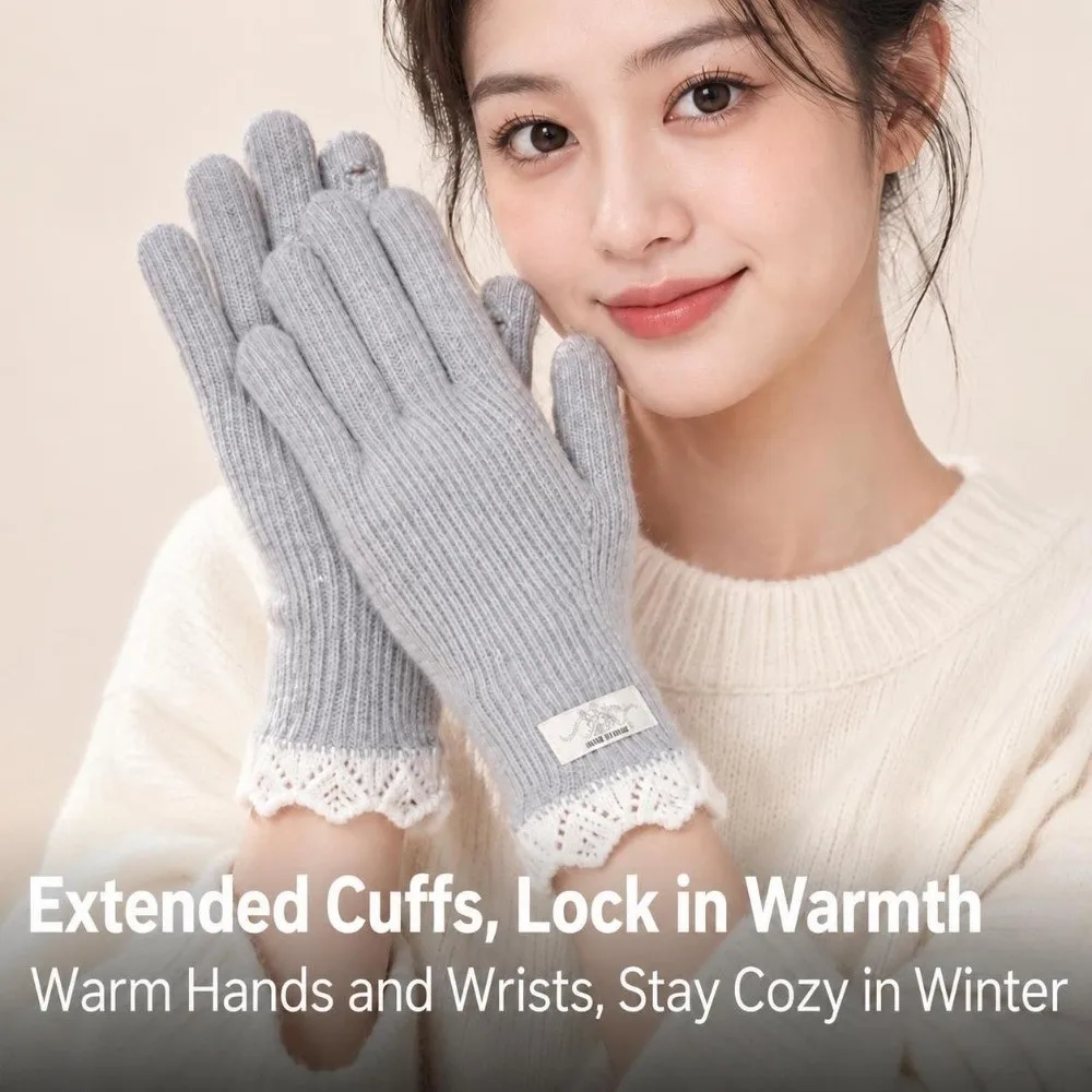 Stylish Lace Cuff Open Tip Touch Screen Gloves Warm Winter One Size Wool Blend Gloves Long Knitted Gloves For Students
