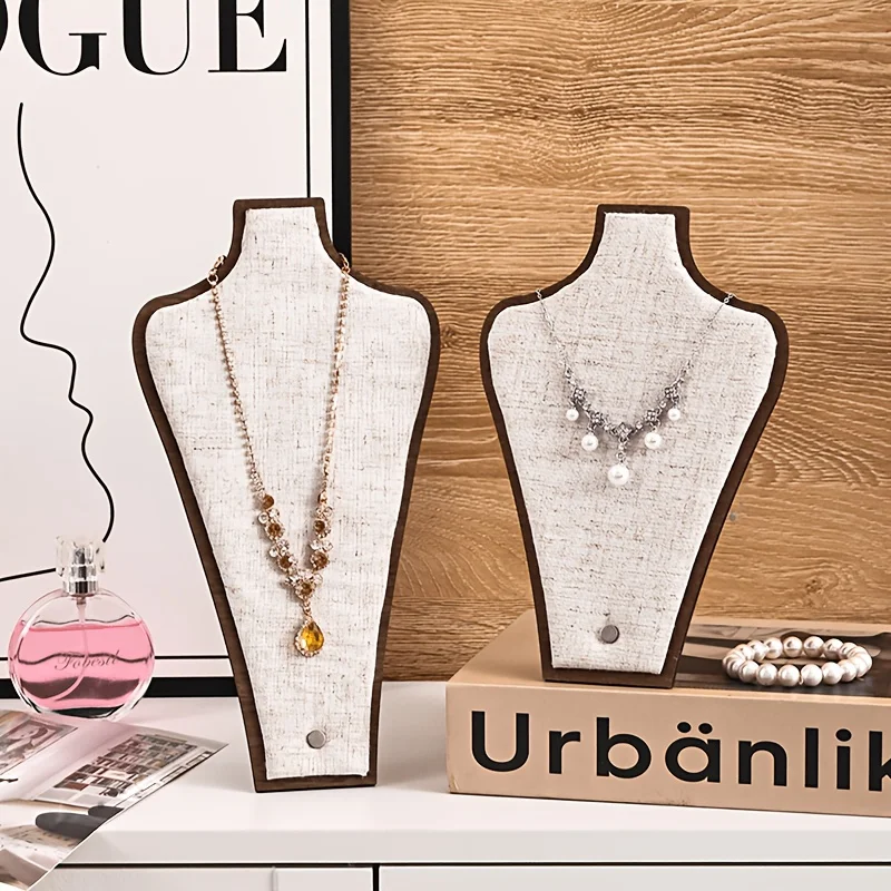 Jewelry Display Bust Stand, Linen Wood Necklace Holder, Desktop Pendant Earring Organizer For Store And Home Jewelry Display
