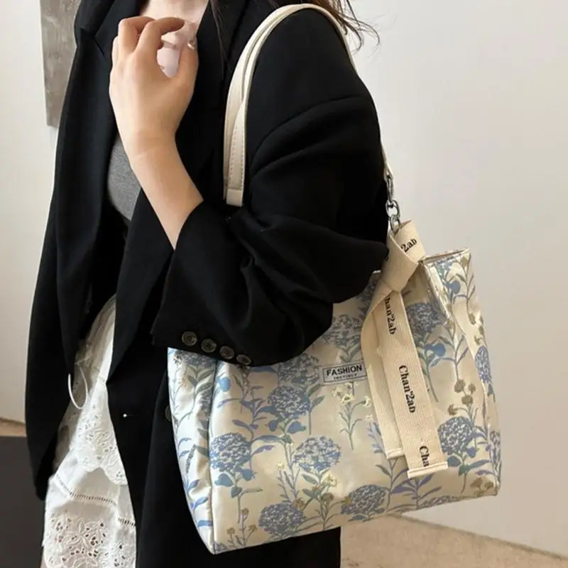 

340D Delicate Women's Canvas Shoulder Bag with Flower Embroidery and Large Storage