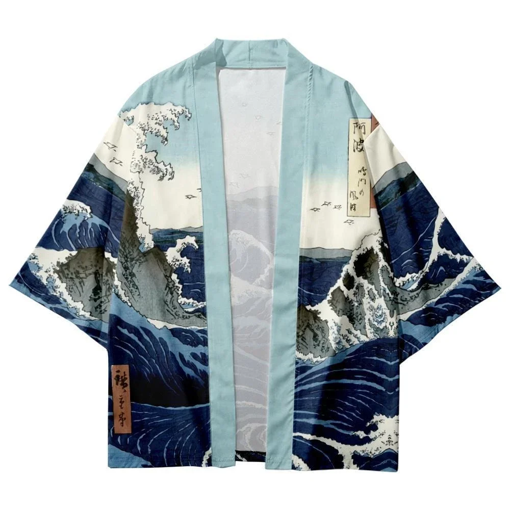 Vintage Japanese Wave Print Kimono Men's Women's Traditional Haori Shirt Streetwear Cardigan