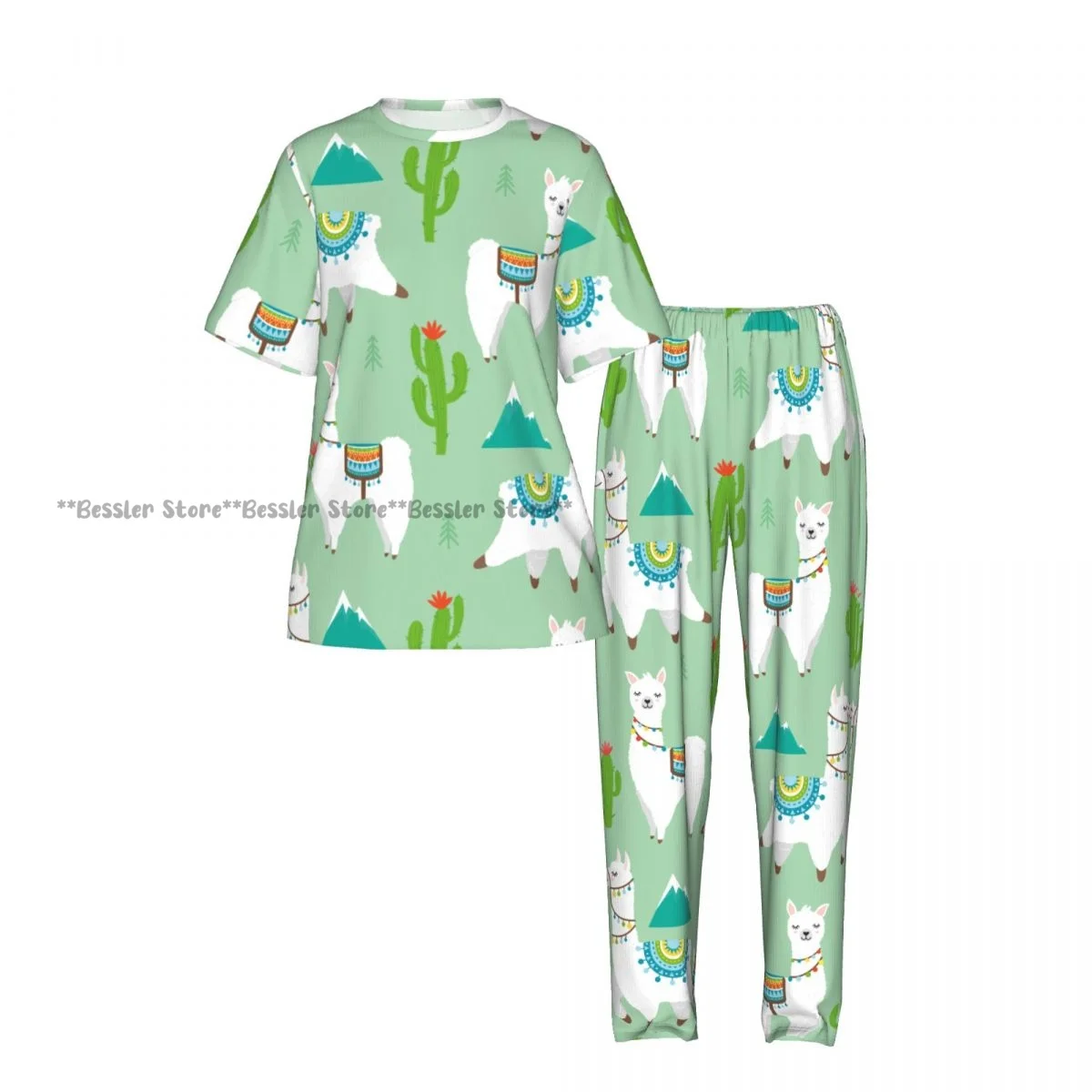 Women's 2-piece set Cute Llama Cactus, Mountain Pajamas Short sleeved Top and Pants Sleepwear