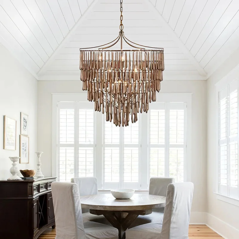 Modern Bohemian Style White Teardrop Beaded Pendant Chandelier with White Metal Frame for Living Room Dining Room Decor
