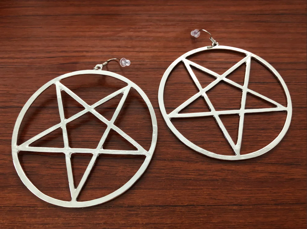 Goth Pentagram Earring Occult Halloween Wicca Large 3.4 Inches Silver Color Emo Gothic Jewelry