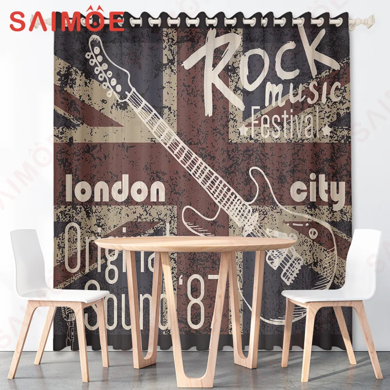 Vintage Literary Music Classroom Custom Curtain Notes Stave Drum Kit Mic Office Background Thin Polyester Fabric Trim with Hooks