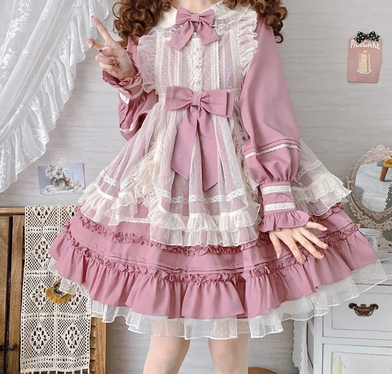 

Coalfell Sweet Lace Women Lolita Maid Apron Dress Kawaii Pink Bow Long Sleeve Princess Party Dress Girly Harajuku Cute Vestidos