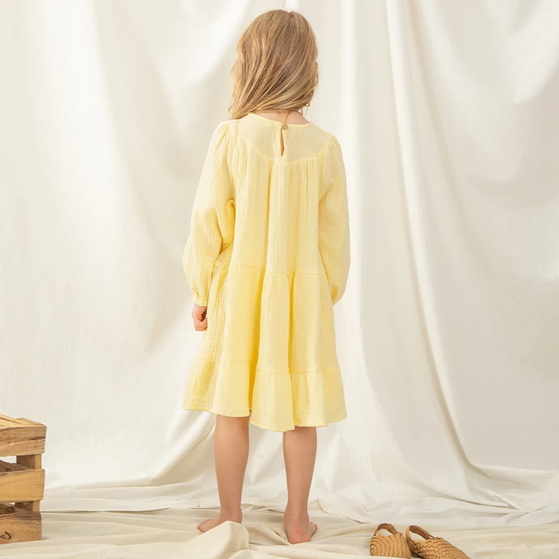 Girls Flowy Tiered Princess Dress Spring Autumn New Baby Girl Cotton Long-Sleeve Casual Loose Yellow Dresses Children\'s Clothing