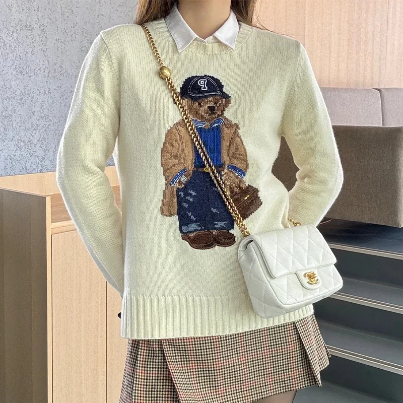 Intarsia Bear Knit Pullover Sweater Women Cashmere Knitwear RL Tops Autumn Winter Warm Lauren Korean Fashion Style Chic Clothes