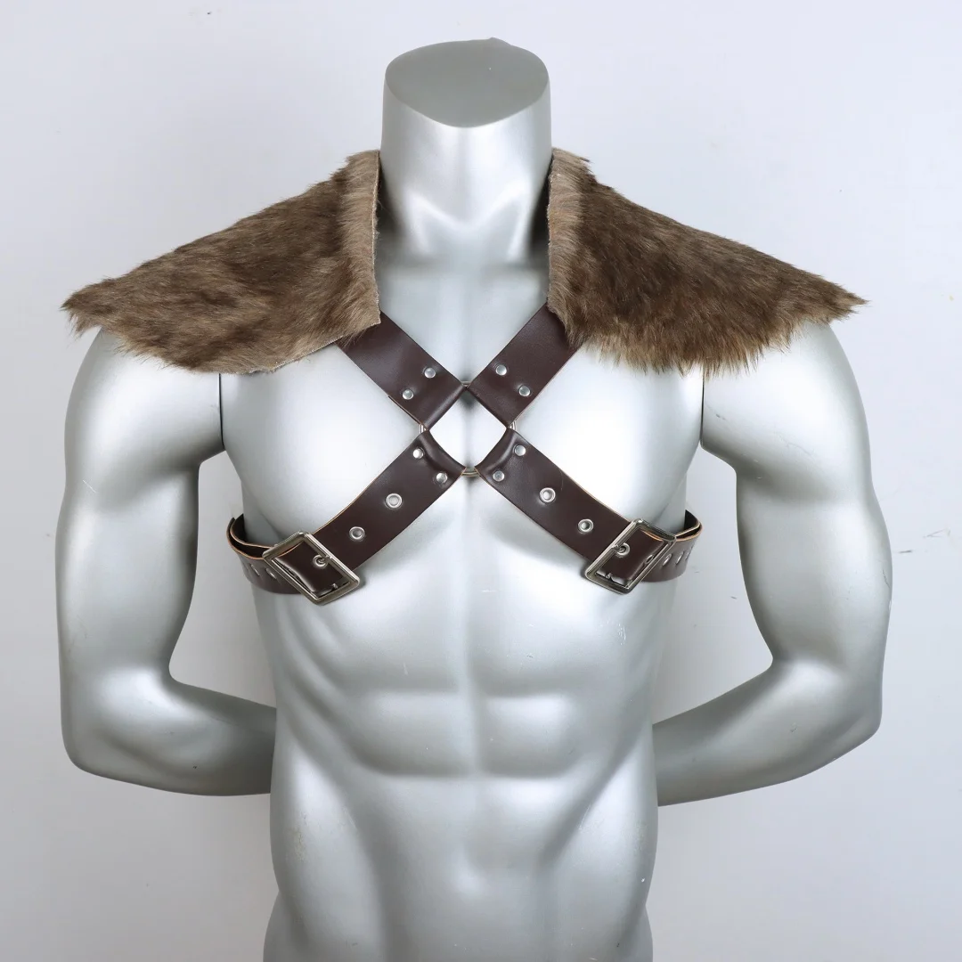 UYEE Belt Halloween Viking Faux Fur Shoulder Harness PU Leather  Belt Chest Strap Cosplay Costume Accessory Belt