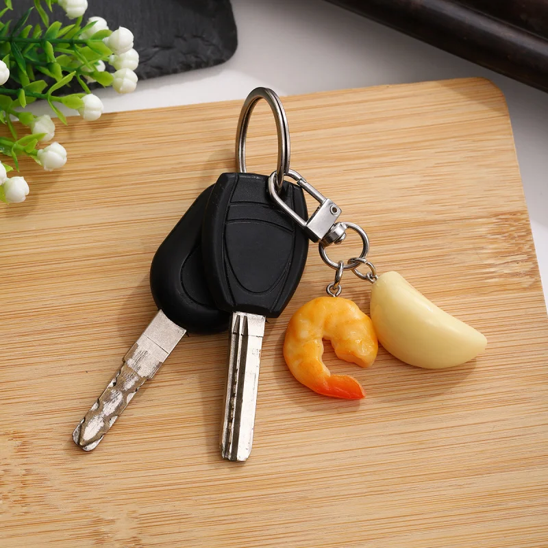 Simulated Fun Garlic Food Keychain Pendant, Shrimp Tail Seasoning Bottle, Garlic Clove Model, Vegetable Ornament