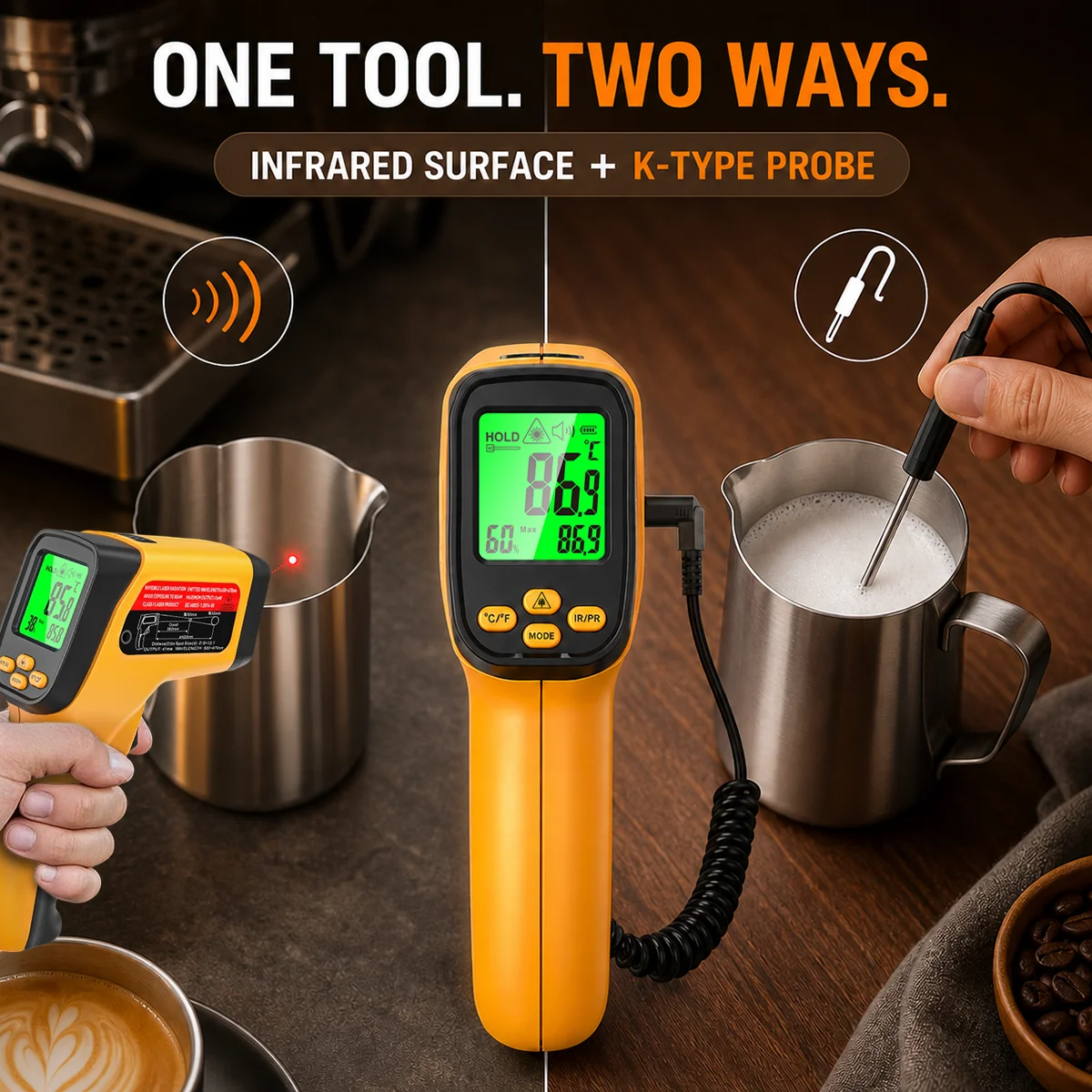 2 in 1 Coffee Infrared Thermometer K Type Probe IR Temperature Gun for Espresso Milk Frothing Coffee Brewing Barista Household