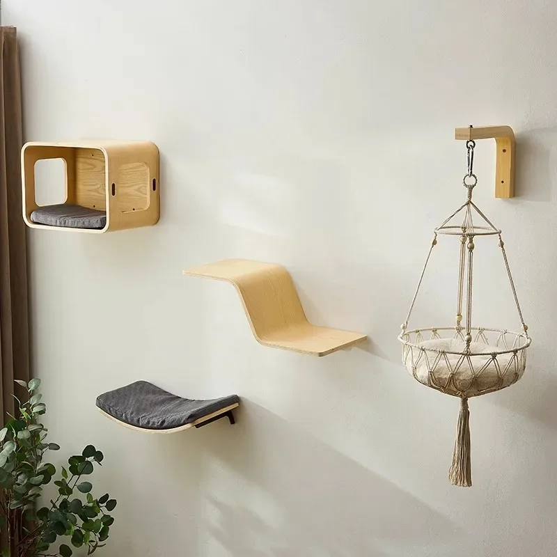 Solid wood cat climbing frame Wall type household does not occupy a cat nest Integrated cat scratching column