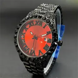 2024 MISSFOX Cool Men's Iced Watches Fashion Automatic Date Quartz Clocks Hip Hop Black Diamond Red Wristwatch Man Free Shipping