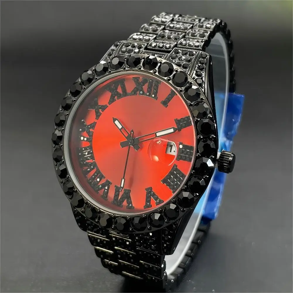 2024 MISSFOX Cool Men's Iced Watches Fashion Automatic Date Quartz Clocks Hip Hop Black Diamond Red Wristwatch Man Free Shipping