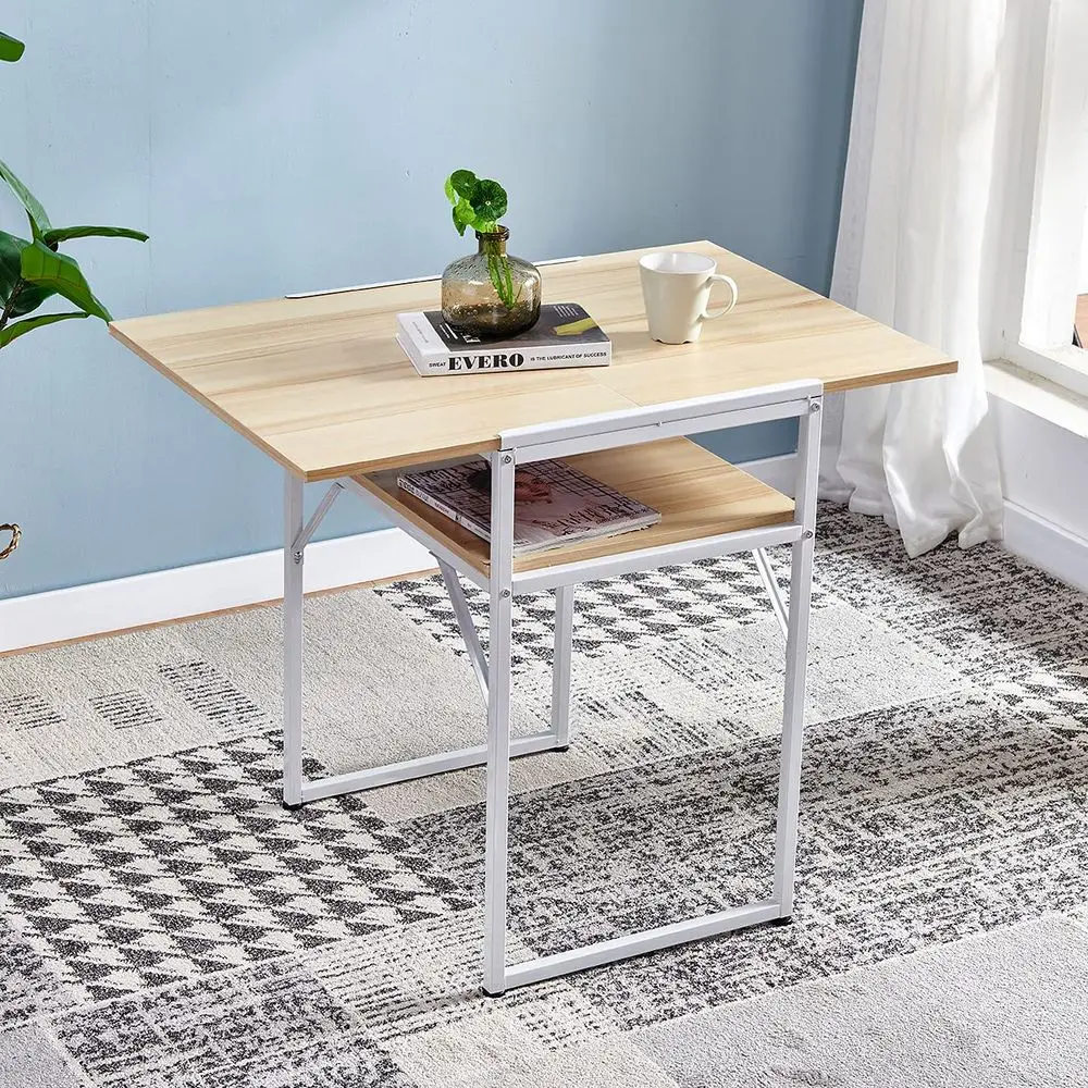 Drop Leaf Dining Kitchen Table Extendable for Small Space Apartment Dinette Folding Computer Desk Workstation Wood Tabletop wit