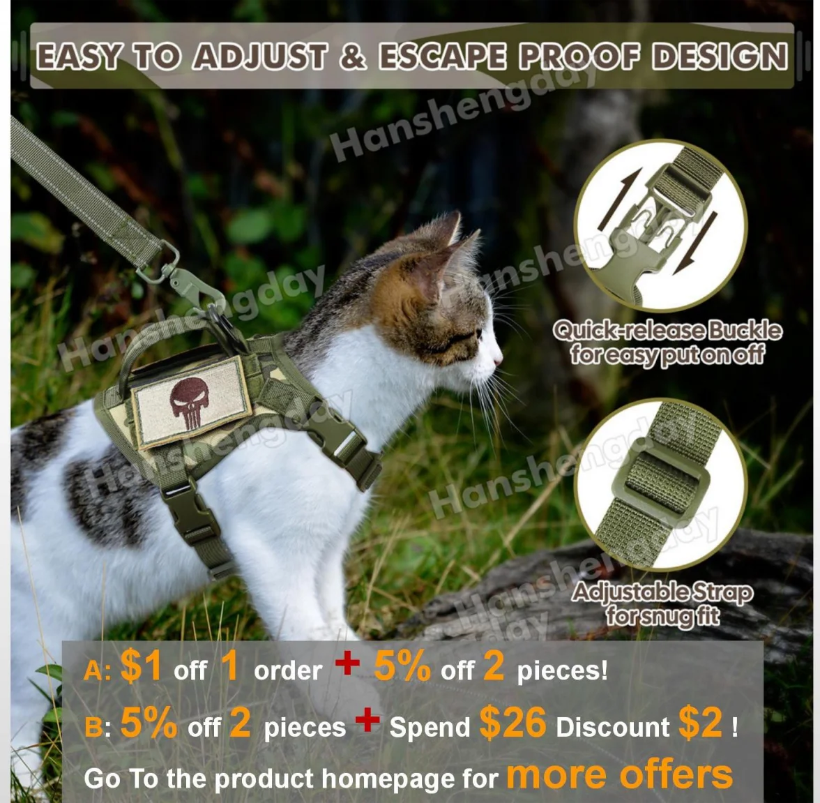 Tactical Cat Harness & Leash Escape Proof Large adult Cats Walking Vest Adjustable Soft Mesh Pet vests cloth with Control Handle