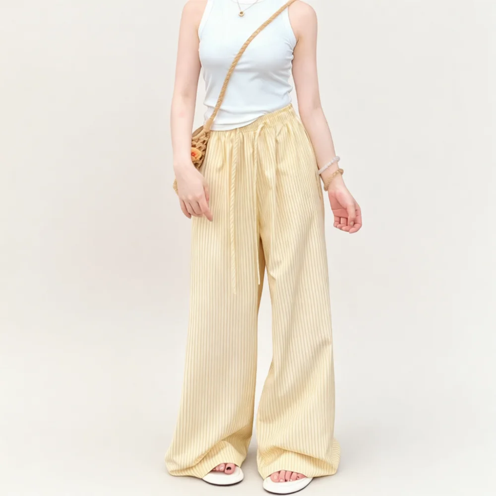 Women Women High Waist Wide Leg Pants Blue Striped Loose Straight Trousers Casual Floor Length Comfy Style Daily Wear Bottoms - Aliexpress Deal