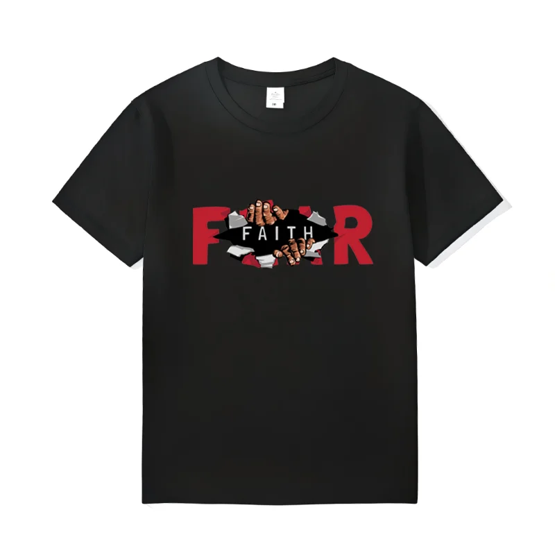 Men's Faith Over Fear Graphic Cotton T-shirt, Casual Short Sleeve Crew Neck Cotton Tee for Daily Outfit WX039