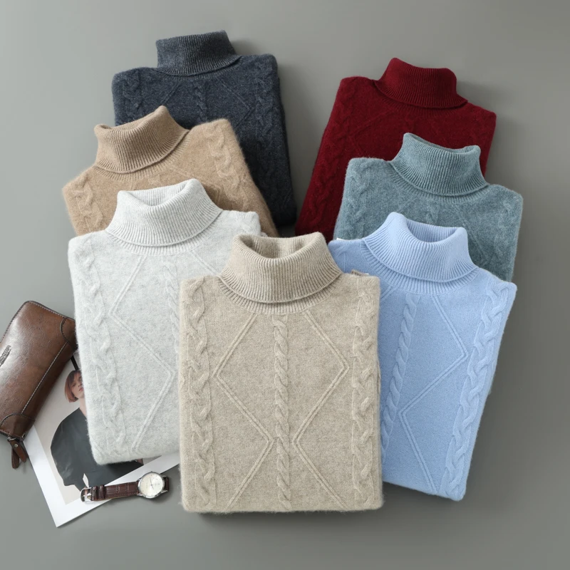 Autumn Winter Men Pure Wool Turtleneck Pullover Long Sleeve Cashmere Sweater 100% Merino Wool Knitwear Smart Casual Clothing