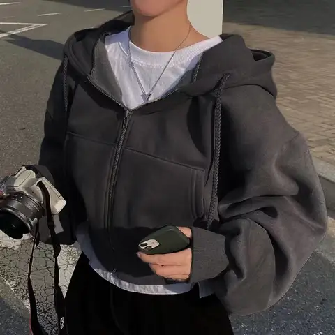Höst Vinter Hoodies Dam Casual Streetwear Zip Up Sweatshirts Långärmade Jackor Harajuku Y2K Crop Tops Huvtröja 8 best sales yk2-huvtröjor - №3