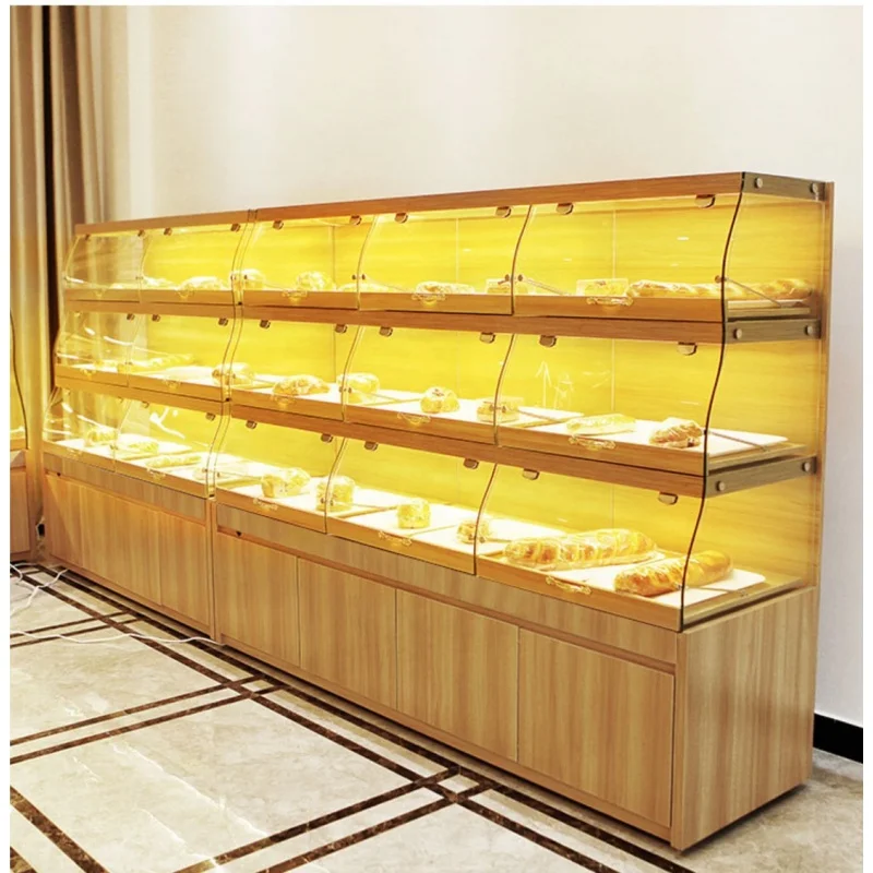 custom.Guangdong Wooden Commercial Showroom Shop Bakery Cake Display Gondola Bread Display Cabinet