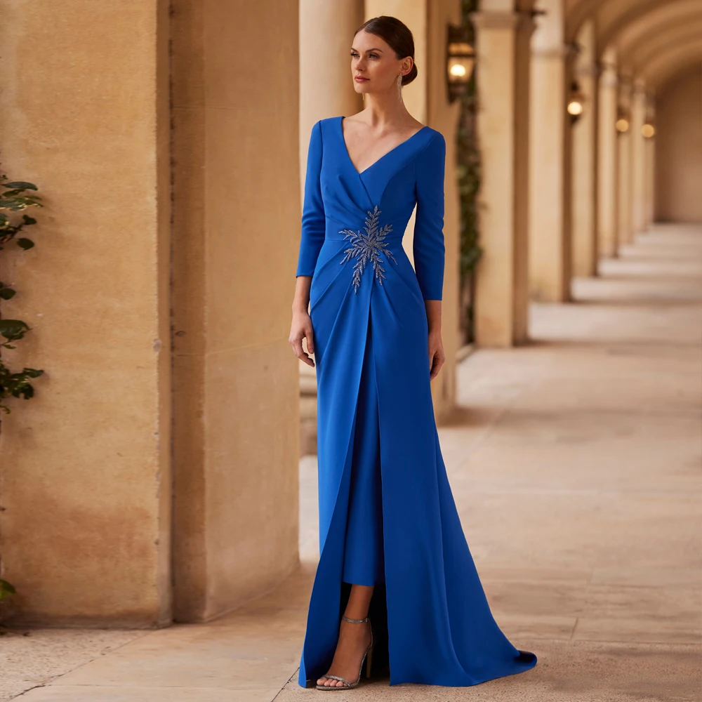 Elegante Azul Royal Mãe da Noiva Vestidos, Decote V, 3/4 Manga, Vestidos de Festa de Casamento, Applique até o chão, Sereia